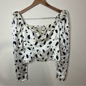 Reformation Reign satin long sleeve cropped blouse in ink blot NEW 0